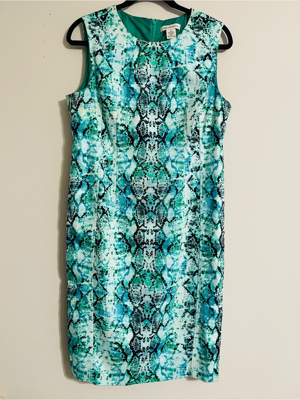 Liz Claiborne Green Snake Print Bodycon Sheath Dress Sleeveless Cocktail Sz 14